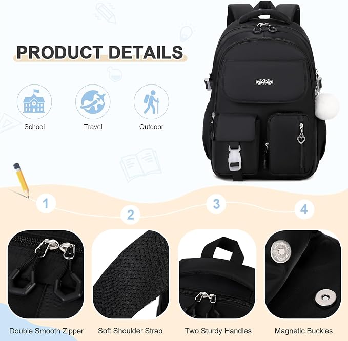 DIGOBAY Backpacks for Girls, 3PCS School Backpack with Lunch Box Pencil Pouch for Teen Girls Kids Elementary Primary Middle High College Travel School bag Bookbag Set （Black） - Image 5