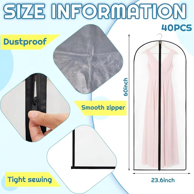 Amylove 40 Pcs 24 x 60 Inch Garment Bags Bulk Hanging Clothes Storage Covers for Closet Organization Dustproof Long Dress Bag Set for Wedding Dresses Gowns Coats Travel Suit (White Black) - Image 2