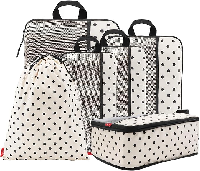 U+U 6 Set Compression Packing Cubes - Travel Organizers with Laundry Bag, Space-Saving Suitcase Organizer, Expandable Packing Organizers for Travel Essentials (Polka Dot) by UU