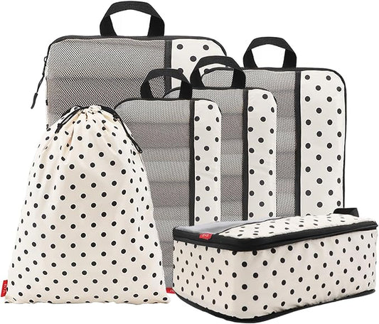 U+U 6 Set Compression Packing Cubes - Travel Organizers with Laundry Bag, Space-Saving Suitcase Organizer, Expandable Packing Organizers for Travel Essentials (Polka Dot) by UU