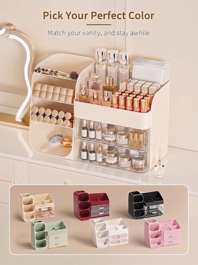 Booklov Small Makeup Organizer for Vanity and Bathroom Countertop, Cream | Clear Acrylic Cosmetic Display Case, Beauty Brush Holder for Dresser Counter Skincare Eyeshadow Lipstick Perfume Storage - Image 8