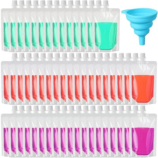 Patelai 150 Pieces Plastic Liquid Pouch Reusable Juice Pouches Travel Water Leak Proof Bags Bulk with Collapsible Silicone Funnel for Travel Outdoor (6 oz) by Patelai