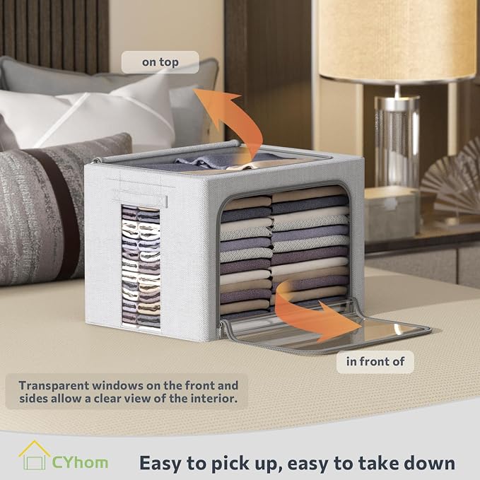 CYhom 2Pack Extra Large Clothes Storage Bins Box - Linen Fabric Foldable Stackable Container Organizer Set with Clear Window & Carry Handles & Metal Frame (Light Grey, Extra Large-100L) - Image 2