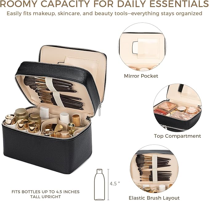 BAGOK Double Layer Makeup Vanity Case, Large Capacity Cosmetic Bag with Removable Divider & Brush Organizer, Travel Toiletry Bag for Women, Portable PU Leather Organizer with Handle - Image 4