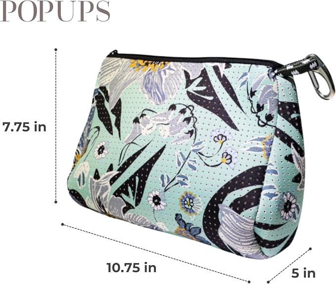 POPUPS Brand Large Makeup Bag with Zipper - Neoprene Machine Washable Travel Toiletry Cosmetic Organizer Pouch for Women (Print Blossom Mint) - Image 3