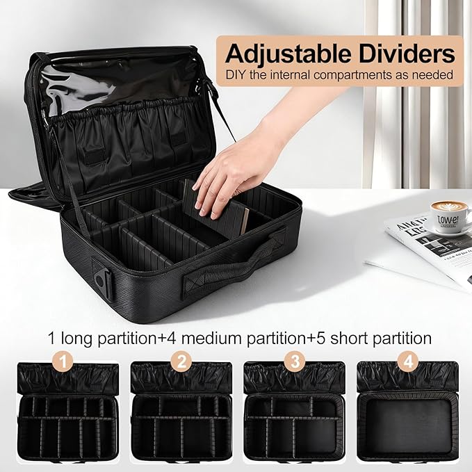 Greenfeather Travel Makeup Bag, Professional Cosmetic Train Case Organizer, Portable Travel Cosmetic Brush Bag Holder Makeup Artist Storage Box with Adjustable Dividers and Shoulder Strap, Black - Image 5