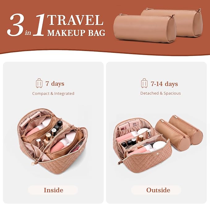 Travel Makeup Bags Cosmetic Organizer: 3Pcs Set Puffy Make up Bag for Women | Apricot Premium Quilted ELEGANCE Design | Large Capacity Leather Toiletry Bags | Wide Open Compact Case for Travel Essentials - Image 4