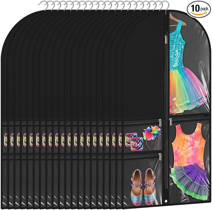 10 Pack Garment Bags for Dance Costumes, 40" Garment Bags for Hanging Clothes with 3 Clear Zipper Pocket, Waterproof Cheer Uniform Garments Bag for Dance Competition, Travel, Closet Storage (Black) by Unknown