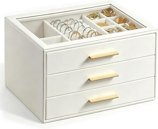 GUOER Jewelry Box for Women, Glass Lid Jewelry Organizer with 3 Drawers PU Jewelry Storage Case for Necklaces Rings Earrings Bracelets, Mother's Day, White by GUOER