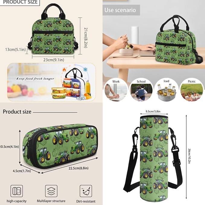 Cartoon Farm Tractor Kids Backpack 4 Pcs Cute Tractor Backpack Set with Lunch Box Pencil Bag Bottle Carrier Bag Sling Bags for Boy Girl Middle School Primary Student Bookbag Casual Daypack - Image 6