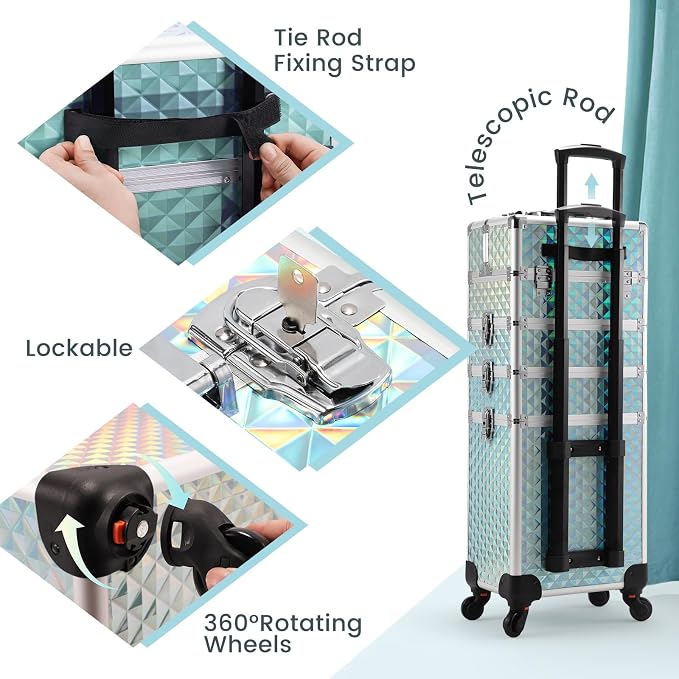 Faquenc Rolling Makeup Case with Wheels 4 in 1 Cosmetic Trolley and Cosmetology Cart Trunk for Makeup Artists Hairstylists Nail Techs Salons Large Capacity Turquoise - Image 5