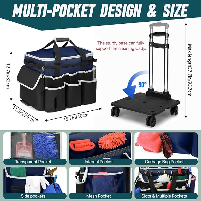 Large Rolling Cleaning Caddy Bag with Detachable Trolley, Full Support Plates for Professional Cleaning Supplies Bag, Organizer Bag with 4 Universal Wheels for Housekeepers, Car Wash (Blue) - Image 5