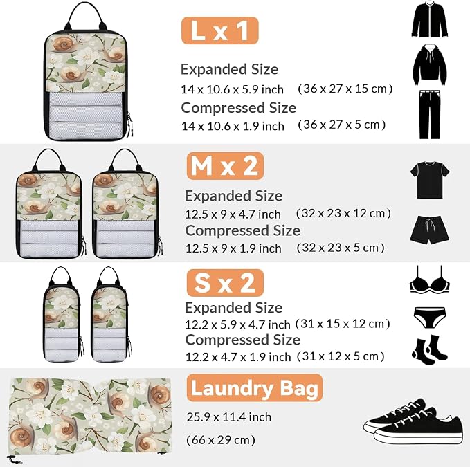 Floral Snail 6 Set Compression Packing Cubes for Travel Luggage Carry On Suitcase Compressible Expandable Packing Cubes Organizers Bag - Image 2