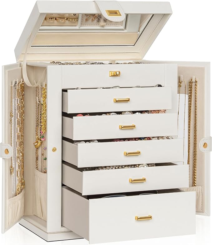 AKOZLIN 6-Tier Jewelry Box Organizer Functional 5 Drawers Leather Jewelry Storage Case for Women Girls Ring Necklace Earring Bracelet Holder Organizer with Mirror XL White 360° Rotating by AKOZLIN