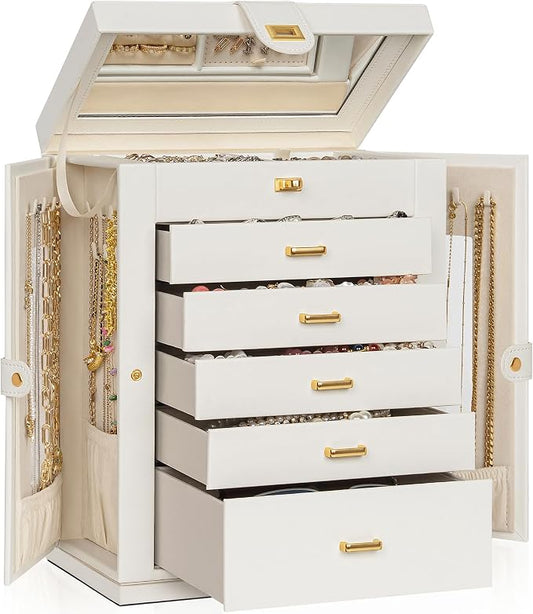 AKOZLIN 6-Tier Jewelry Box Organizer Functional 5 Drawers Leather Jewelry Storage Case for Women Girls Ring Necklace Earring Bracelet Holder Organizer with Mirror XL White 360° Rotating by AKOZLIN