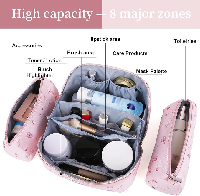 BOYATU Travel Makeup Bag Cosmetic Bags for Women: 3 Pcs Set Portable Make up Bag with Handle - PU Leather Toiletry Bags with Compartments - Makeup Organizer for Travel Essentials(L-5-Pink) - Image 5