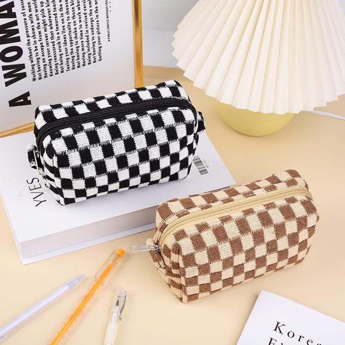 SOIDRAM 2 Pieces Makeup Bag Pouch Checkered Cosmetic Bag Black Brown, Travel Toiletry Bag Organizer Cute Makeup Brushes Storage Bag for Women - Image 7