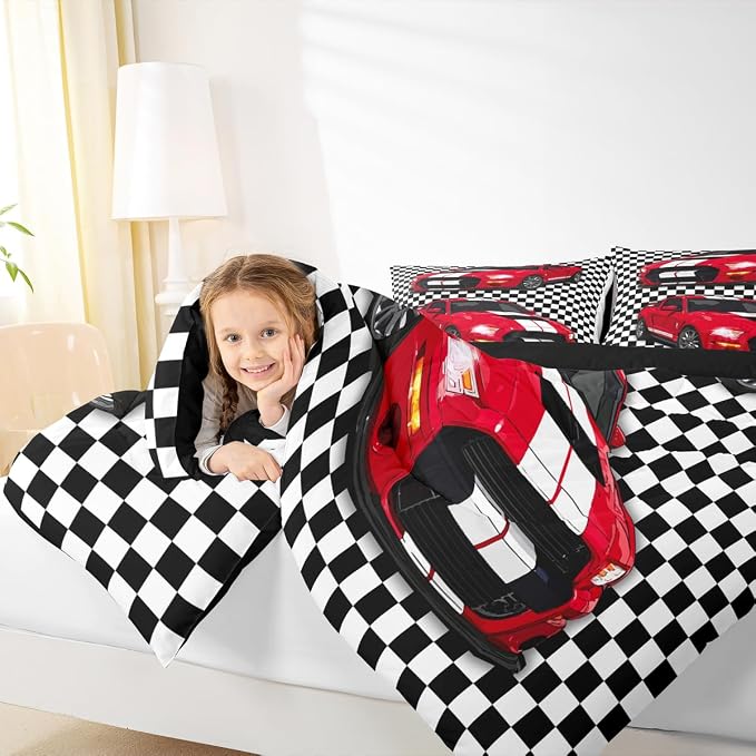 Erosebridal Child Racing Car Comforter Set Race Sports Car Bedding Set Black and White Grid Duvet Sets Automobile Bedding Set Mordern Design Boys Teens Bedroom Decor Down Comforter,Twin - Image 6