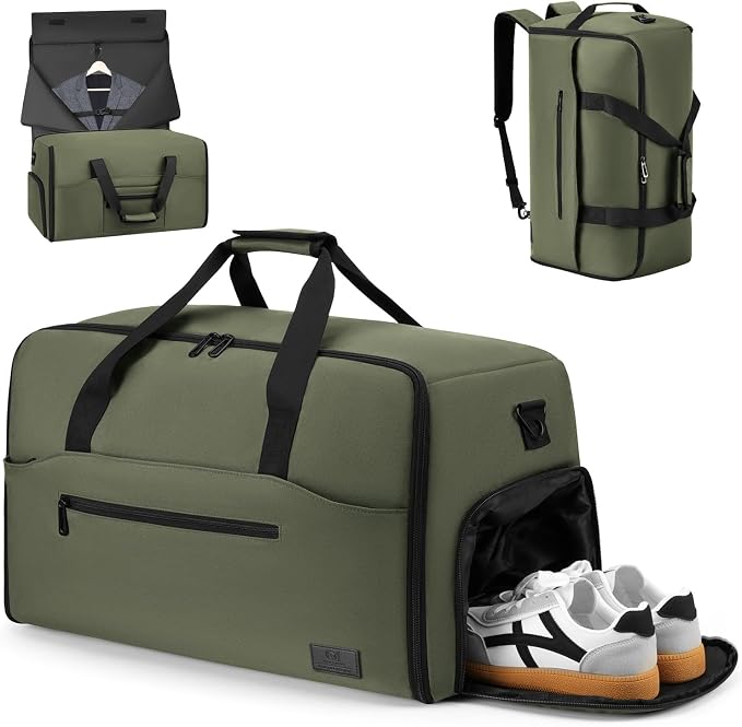 Convertible Garment Bags for Travel, 47L Garment Duffle bag for Hanging Clothes, 3 in 1 Suit Travel Bag for Business Trips with Shoulder Strap, Carry On Suit Luggage for Men,Green by RJEUBACKPACK
