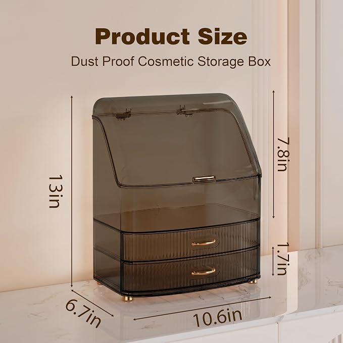 Makeup Organizer Countertop Vanity with Transparent Lid Drawers Waterproof Dustproof Cosmetic Skincare Bathroom Storage Gift for Women Teens Girls (Clear Black) - Image 5