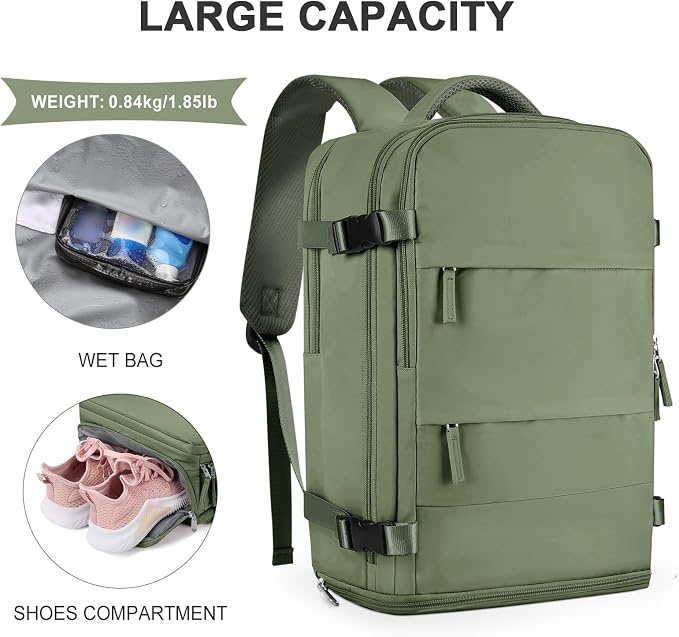 coowoz Large Travel Backpack For Women Men,Carry On Backpack Flight Approved,Hiking Backpacks Waterproof Outdoor Rucksack Casual Daypack Travel Bag Essentials Personal Item Backpack(Gray Green) - Image 4