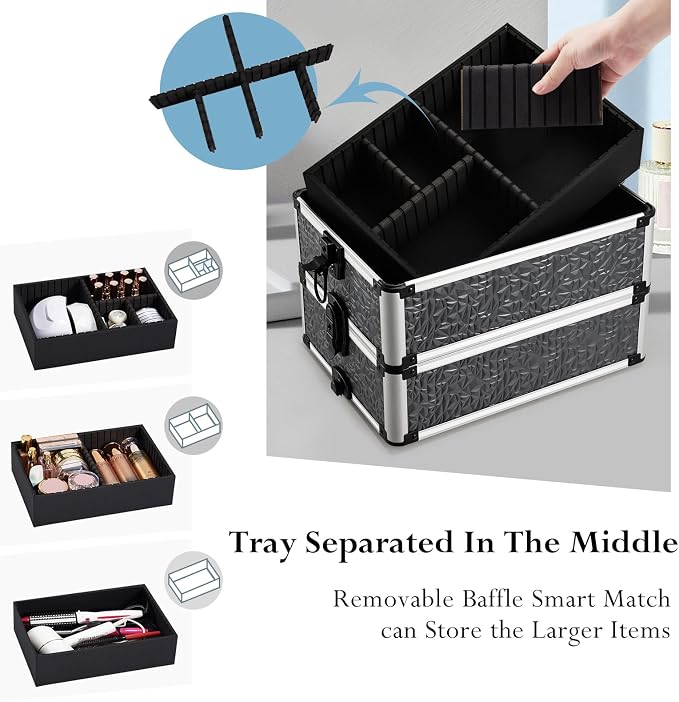 Stagiant Rolling Makeup Train Case Cosmetology Case on Wheels 4 in 1 Large Cosmetic Case with Wheels Makeup Travel Case with Keys Nail Kits Organizer Artist Salon Storage Traveling Cart Trunk Tricolor - Image 4