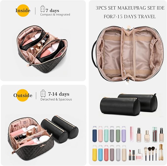 Travel Makeup Bags Cosmetic Organizer: 3Pcs Set Puffy Make up Bag for Women | Black Premium Quilted ELEGANCE Design | Large Capacity Leather Toiletry Bags | Wide Open Compact Case for Travel Essentials - Image 5