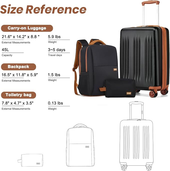 Kono Luggage Sets 3 Piece Expandable Carry On Travel Luggage 20 Inch TSA Lock Spinner Wheels Hardshell Suitcase Set(Black&Brown,3 Piece Set) - Image 7
