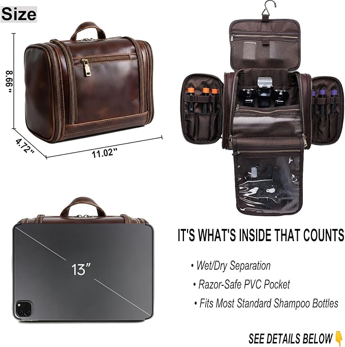 Personalized Leather Toiletry Bag for Men Women, Genuine Leather Toiletries Organizer, Travel Hanging Large Bathroom Shaving Kit, Gift Ideas for Groomsmen, Dad, Husband, Boyfriend, Birthday, Christmas - Image 4