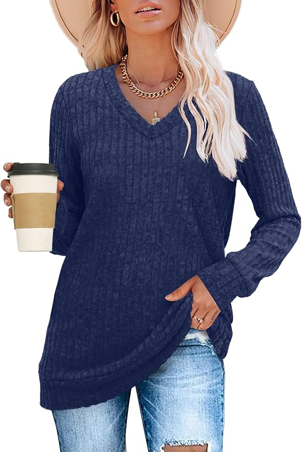 Sampeel V Neck Long Sleeve Shirts for Women Casual Fall Tops Lightweight Tunic Sweaters Fashion Clothes Loose Fit 2025