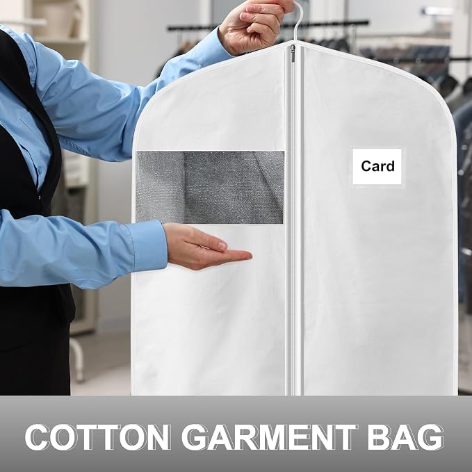 40" 100% Organic Cotton Garment Bags for Hanging Clothes and Storage, Breathable Clothes Covers with Viewing Window and Card Pocket for Short Dresses, Jackets, Suits - Image 5