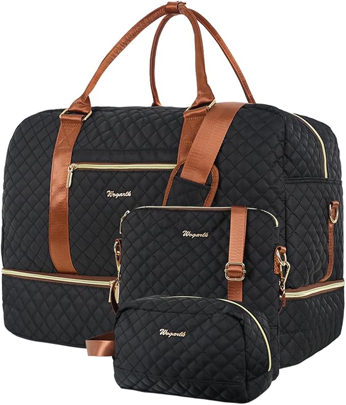 Wogarl 3PCS Weekender Bags for Women Large Overnight Bag Weekend Travel Duffel Bag Carry on Shoulder with Shoe Compartment Canvas Toiletry Bag for Travel Business Gym,Black by Wogarl
