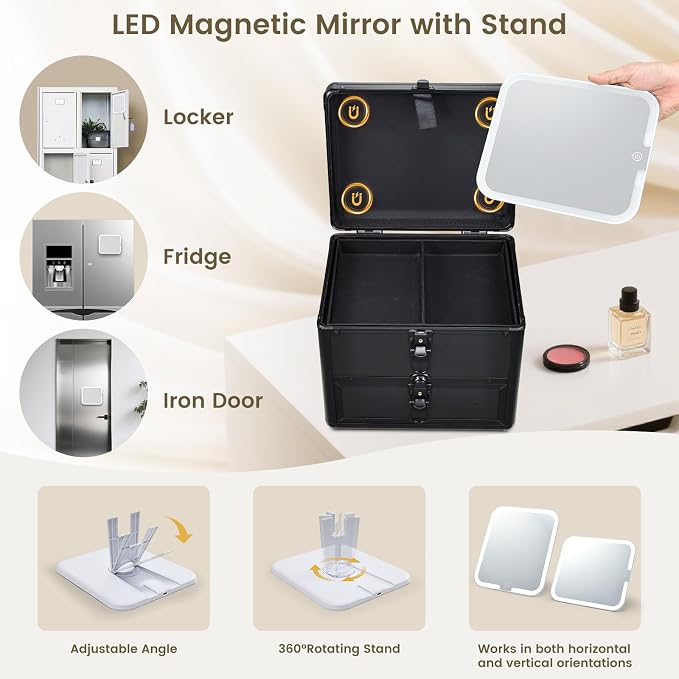 Faquenc Makeup Case with Drawer, Detachable Lighted LED Mirror, Makeup Organizer Box Travel Make up Vanity Case Portable Cosmetic Train Case for MUA Lockable Makeup Suitcase with Adjustable Dividers - Image 5