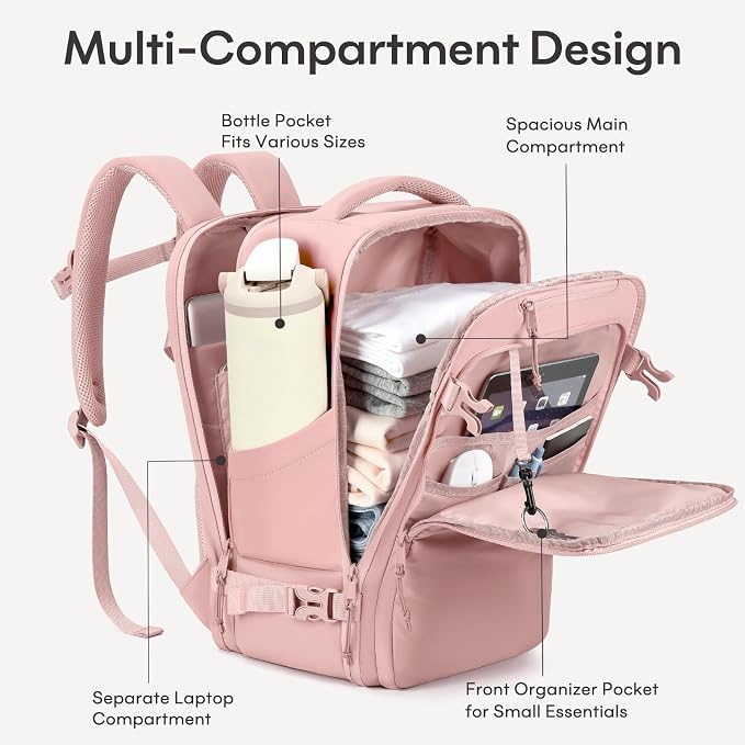 mibasies 30L Travel Backpack for Women & Men: Carry On Luggage Flight Approved, TSA Laptop Backpack with Water Bottle Pocket, Personal Item Bag Fits 15.6" Laptop for Weekender Business - Pink - Image 4