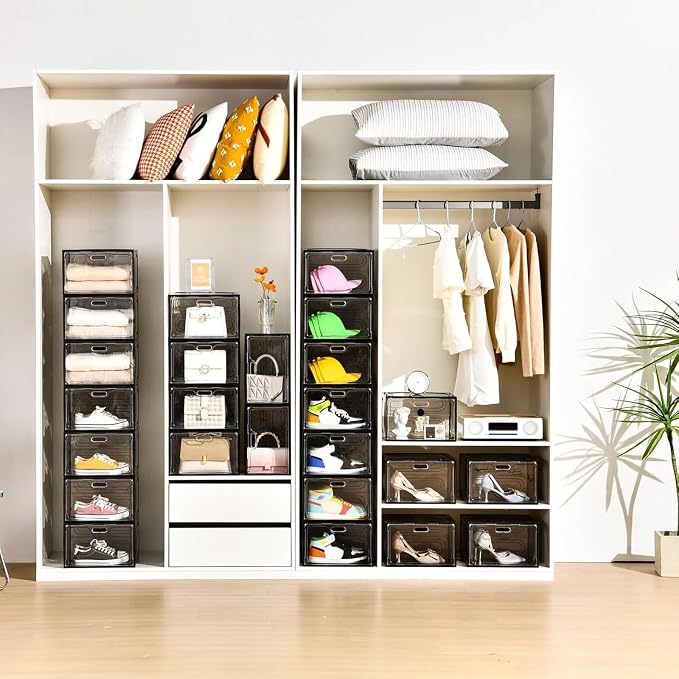 Amllas New Gray 8 Pack Shoe Boxes Stackable, Large Shoe Storage Organizer with Lids,Drop Side Shoe Containers for Entryway,Sneaker Storage Fit up to US Size 13 for Men/Women(13’’x 10.6”x 8.3”) - Image 4