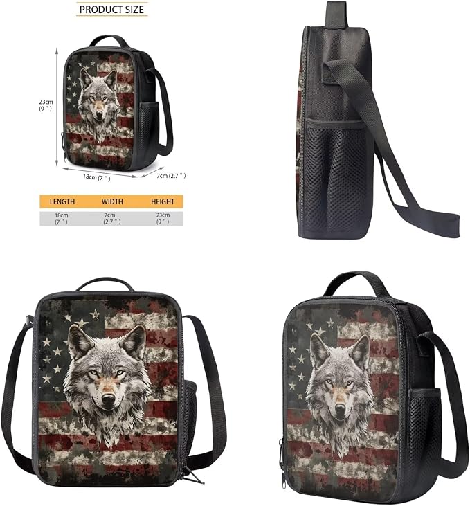 GIFTPUZZ Patriotic Wolf Backpack Set Boys 6-8 | 17 Inch Polyester, Lunch Box, Adjustable Straps, School, Birthday Back to School Gifts for Him - Image 5