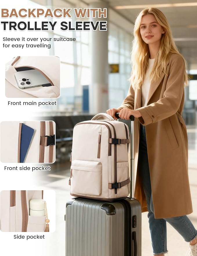 WONHOX Travel Backpack Women, Carry On Backpack for Men, Hiking Laptop Backpack Waterproof Outdoor Sports Rucksack Casual Daypack, Beige Brown - Image 5