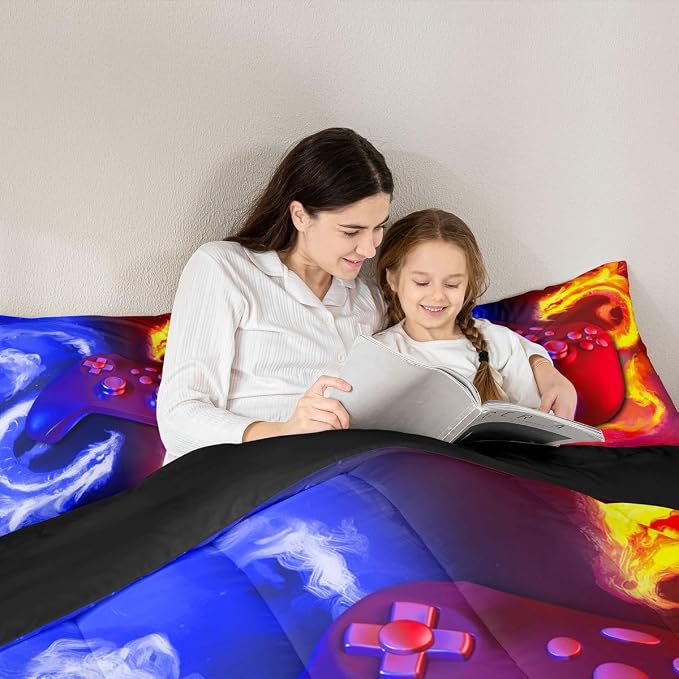 Ice Fire Dragon Comforter Set for Boys Teens Kids Gamer Games Room Decor Bedding Set Blue Red Gaming Gamepad Down Comforter ,Fairy Tale Animals Theme Room Decor 2Pcs Duvet Insert King Size,Soft - Image 5