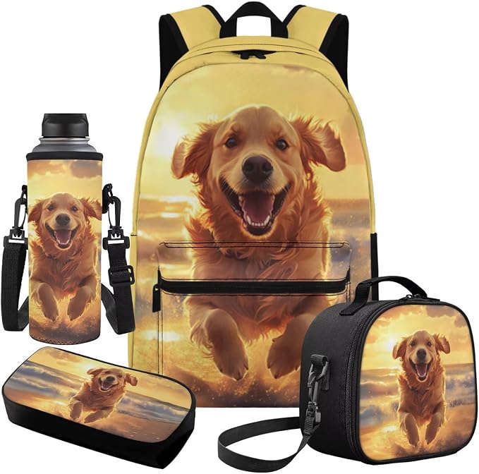 Girls Backpacks Ages 8-10 6-8 Cute Golden Retriever Backpacks for Boys with Lunch Box 4 Piece School Bag Set 17 inch Kids Bookbag with Adjustable Starps Teens Back Pack Daypack - Image 2