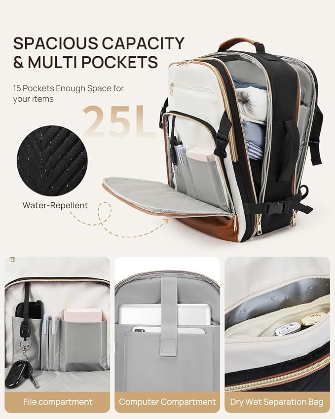 Telena Travel Backpack for Women, 15.6 inch Laptop Backpack TSA Carry on Backpack Personal Item Size Flight Approved Travel Bag Daypack with Multi-Pockets for Work, Travel, Business, Black-Beige-Brown - Image 5