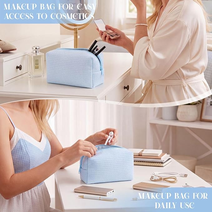 Gilprop 12 Pcs Holiday Gifts for Women Cozy Makeup Bag Portable Travel Waffle Toiletry Bag Soft Wedding Makeup Organizer Large Pouch with Zipper for Bridesmaid Friend (Light Blue) - Image 5