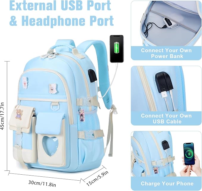 ACESAK Backpack for Girls - Bookbag Backpacks Schoolbag for Girls Kids Teen Women Casual Travel Daypacks - School Bag Elementary Middle School College Cute Backpack with Lunch Box (Blue White) - Image 3