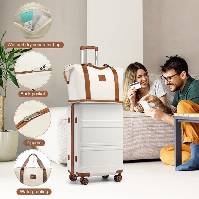 Kono Suitcase Set 3 Piece Carry On Hardside Luggage with Spinner Wheels | Lightweight PC+ABS Carry On Suitcase with TSA Lock Cream White - Image 5