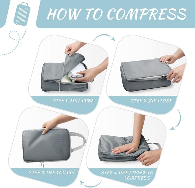 WOOMADA Compression Packing Cubes for Suitcases Travel Essentials 8 Set Expandable Travel Bags Organizer for Luggage(concrete grey) - Image 5