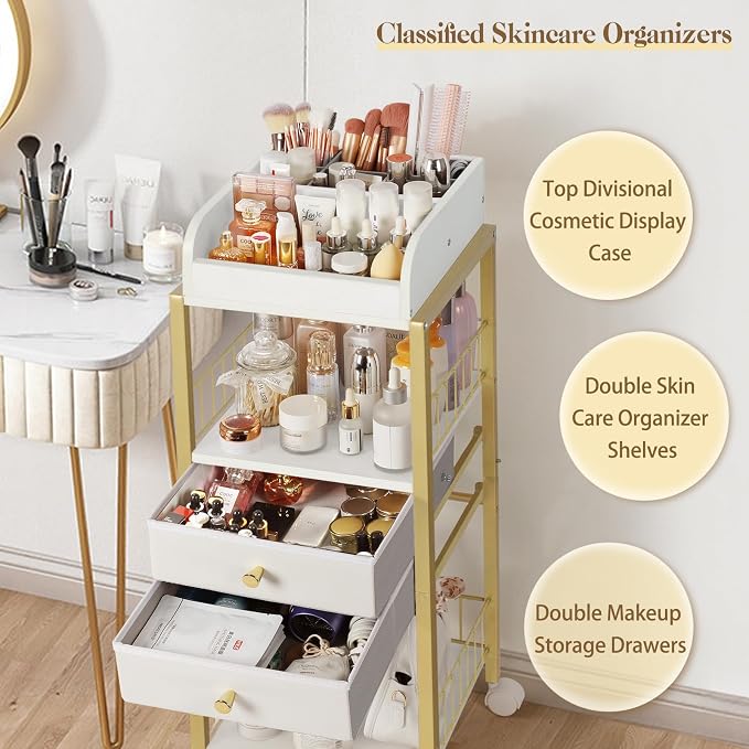 Makeup Organizer, Floor Skincare Organizers Make Up Organizers and Storage with Drawers, Vanity Organizer Cosmetics Display Cases Holder for Skin Care Nail Polish Perfume Gold - Image 2