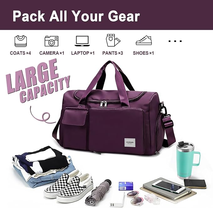 WOOMADA Foldable Travel Duffel Bag with Shoes Compartment, Overnight Bag with Wet Pocket & Trolley Sleeve, Weekender Bags for Women (purple) - Image 3