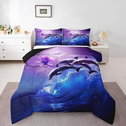 Erosebridal Galaxy Dolphin Comforter Set Full,Coastal Ocean Waves Comforter Sky Starry Moon Stars Cherry Blossoms Bedding Set for Girls Teen yough Women Sea Animal Quilted Duvet Purple Blue 3 Pcs by Erosebridal