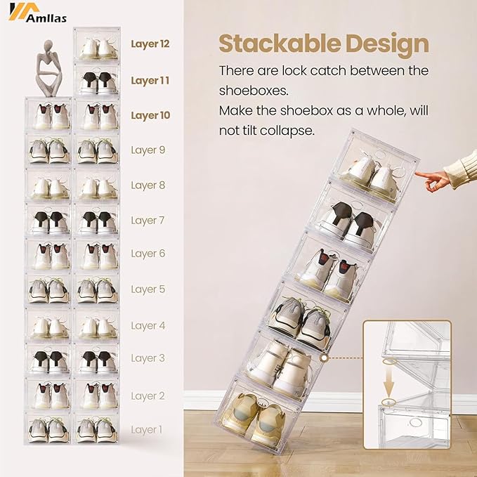 12 Pack Clear Shoe Storage, Stackable Shoe Organizer, Shoe Boxes for Closet | Plastic Shoe Containers with Magnetic Door, Sturdy Sneaker Storage Organizer, Shoe Cabinet Fit up to US Size 12 - Image 4
