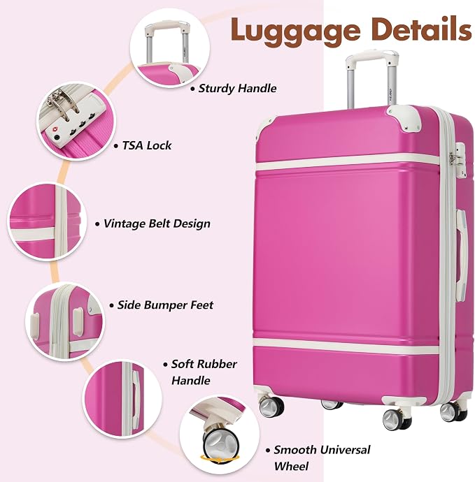 Merax 24 Inch Checked Luggage, Expandable Suitcase with Spinner Wheels, Hard Shell Vintage Luggage Set with TSA Lock(Pink) - Image 3