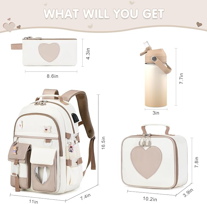 ACESAK Backpack for Girls with Insulated Water Bottle, Bookbag Backpack for Girls Kids, 14oz Kids Water Bottle Stainless Steel, Lunch Bag & Pencial Case, Back To School Gift (Khaki Beige) - Image 2